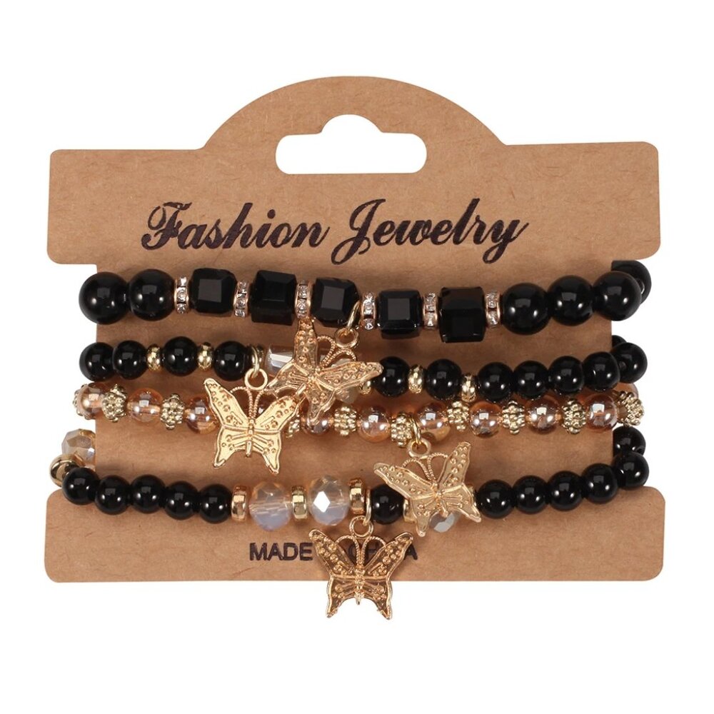 Bohemian Hand-Beaded Multi-Layer Butterfly Pendant Bracelet 4 Pieces Set